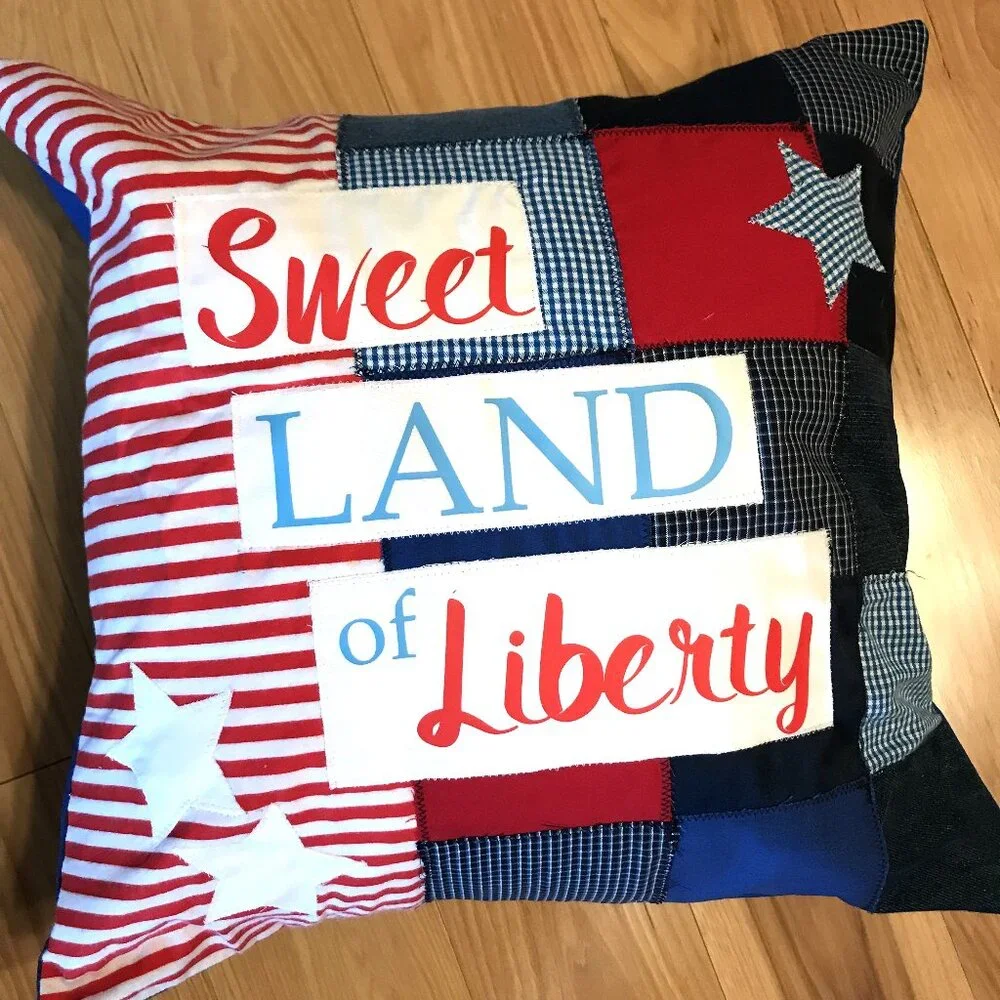 Patriotic Pillow Cover, Patchwork Stars Sweet Land of Liberty 18 x 18